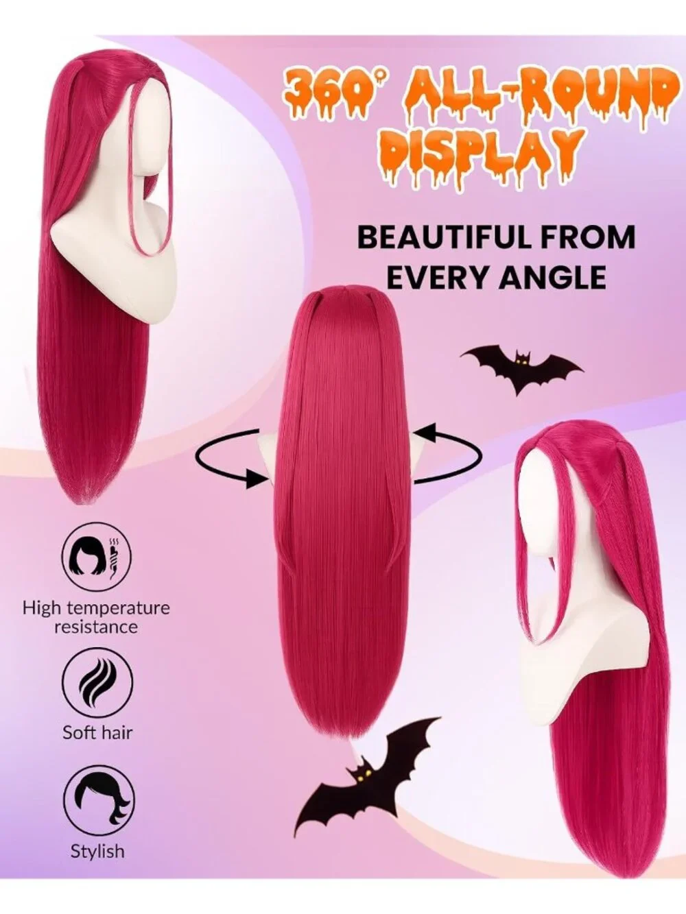 Womens Pink Straight Cosplay Convenient Set Include Adjustable Wig Cap Headpiece